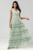 Dusty Sage A Line Chiffon Bridesmaid Dress with Pleated