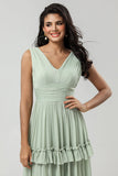 Dusty Sage A Line Chiffon Bridesmaid Dress with Pleated