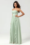 A Line Strapless Chiffon Green Bridesmaid Dress with Pleated