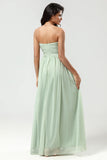 A Line Strapless Chiffon Green Bridesmaid Dress with Pleated
