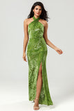 Charismatic Olive Mermaid Halter Neck Velvet Long Bridesmaid Dress With Slit