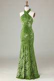Velvet Halter Olive Bridesmaid Dress