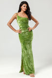 Olive Mermaid One Shoulder Velvet Bridesmaid Dress