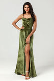 A Line Velvet Green Long Bridesmaid Dress with Slit