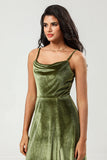 A Line Velvet Green Long Bridesmaid Dress with Slit