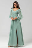 A Line Long Sleeves Green Bridesmaid Dress with Slit