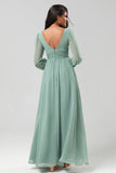 A Line Long Sleeves Green Bridesmaid Dress with Slit