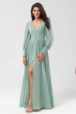 A Line Long Sleeves Chiffon Bridesmaid Dress with Buttons
