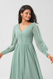 A Line Long Sleeves Chiffon Bridesmaid Dress with Buttons