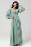 A Line Detachable Pleated Chiffon Green Bridesmaid Dress with Long Sleeves
