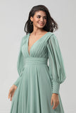 A Line Detachable Pleated Chiffon Green Bridesmaid Dress with Long Sleeves