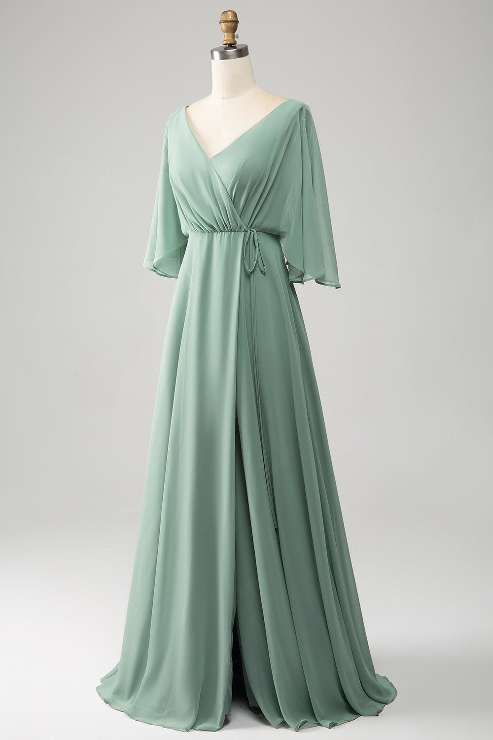 Zapaka Women Matcha Long Chiffon Bridesmaid Dress with Slit Batwing Sleeves A-Line Wedding Guest Dress ZAPAKA NZ Zapaka Women Matcha Long Chiffon Bridesmaid Dress with Slit Batwing Sleeves A-Line Wedding Guest Dress ZAPAKA NZ