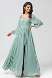 Off the Shoulder Long Sleeves Green Chiffon Bridemaid Dress with Slit