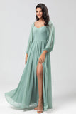 Off the Shoulder Long Sleeves Green Chiffon Bridemaid Dress with Slit