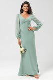 V-Neck Long Sleeves Green Chiffon Bridesmaid Dress with Slit