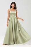 A Line Satin Green Bridesmaid Dress with Pockets