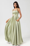 A Line Satin Green Bridesmaid Dress with Pockets