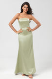 A Line Strapless Satin Sheath Long Green Bridesmaid Dress