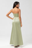 A Line Strapless Satin Sheath Long Green Bridesmaid Dress
