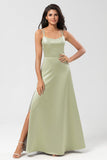 Green Satin Long Bridesmaid Dress with Lace-up Back