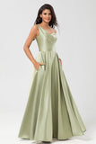 A Line One Shoulder Satin Green Bridesmaid Dress with Pockets