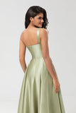 A Line One Shoulder Satin Green Bridesmaid Dress with Pockets