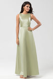 Green A Line Pleated Long Satin Bridesmaid Dress