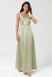 Green A Line Pleated Long Satin Bridesmaid Dress