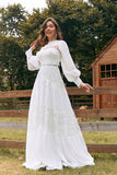 Ivory Long Sleeves Boho Wedding Dress with Lace