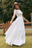 Ivory Short Sleeves Boho Chiffon Wedding Dress with Lace