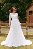 Ivory A-Line V-Neck Lace Sweep Train Wedding Dress with Sleeves