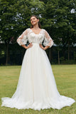 Ivory Puff Sleeves Corset Wedding Dress with 3D Flowers