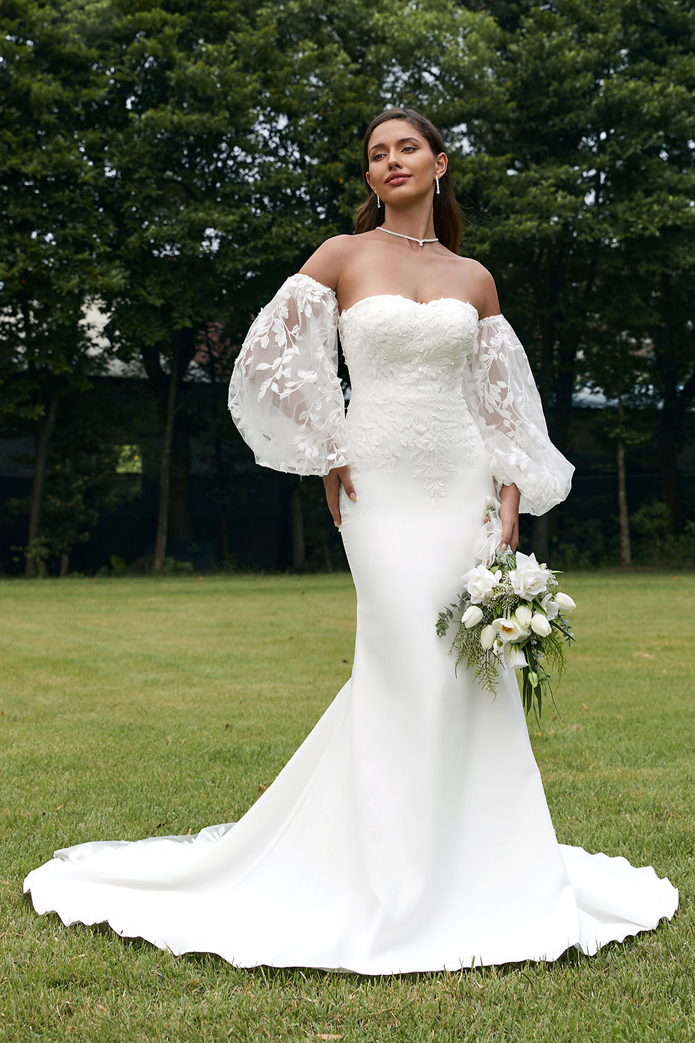 Ivory Mermaid Sweetheart Detachale Long Sleeves Wedding Dress with Lace