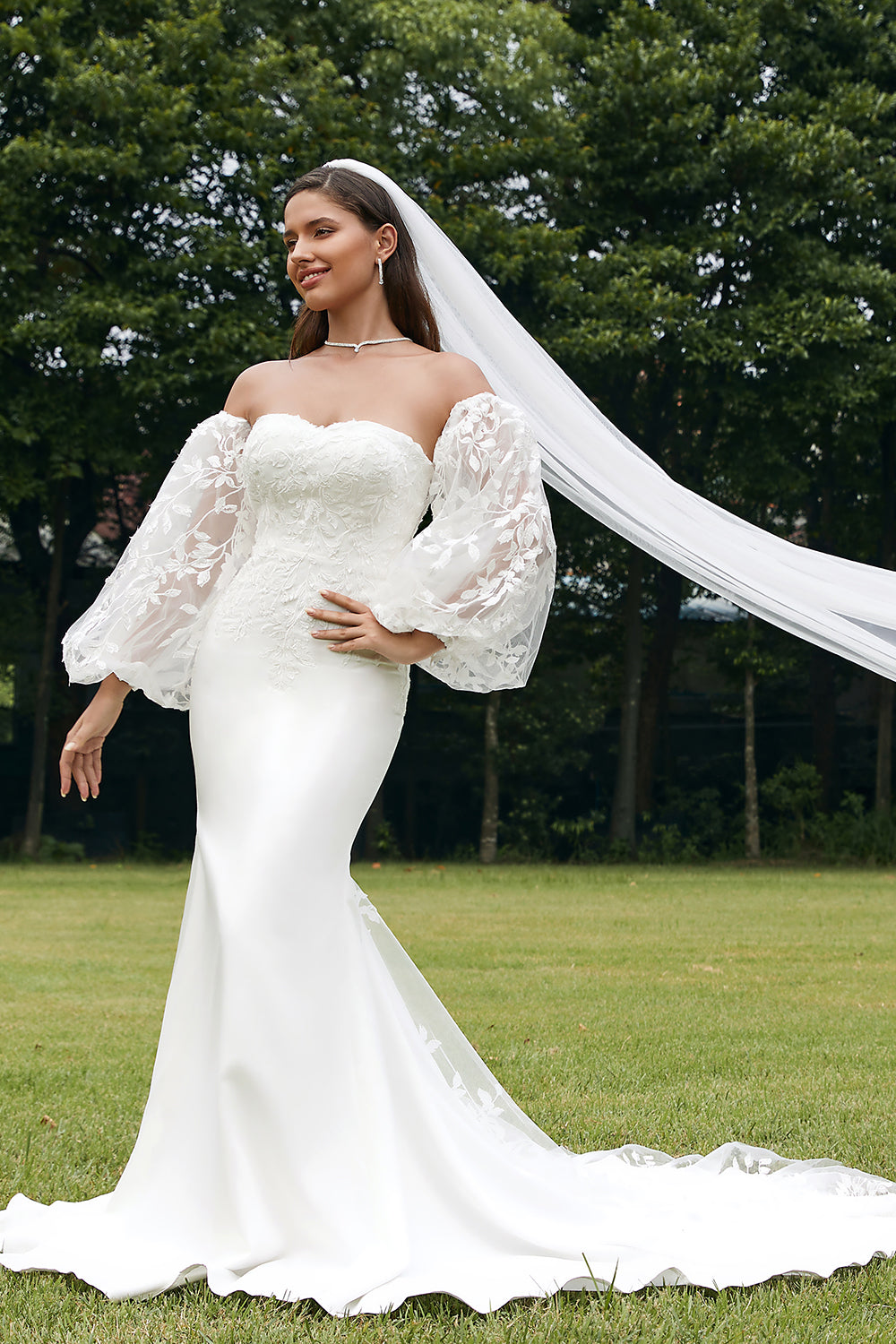 Ivory Mermaid Sweetheart Detachale Long Sleeves Wedding Dress with Lace