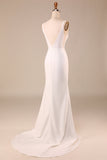 Simple Ivory Mermaid Backless Long Wedding Dress with Slit