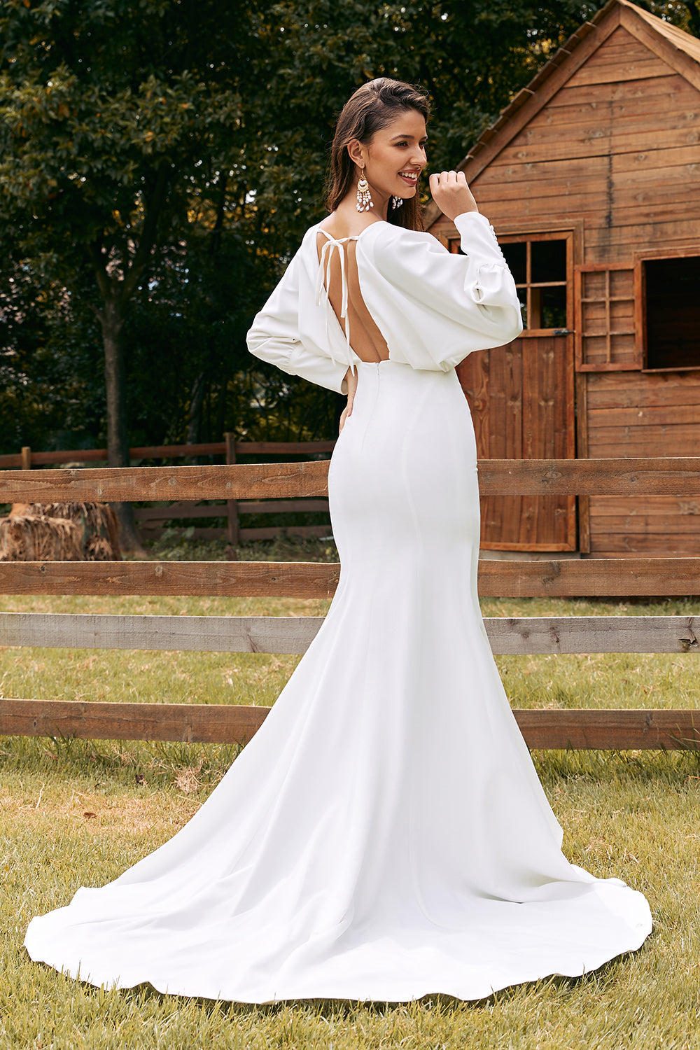 Simple Ivory Long Sleeves Mermaid Wedding Dress