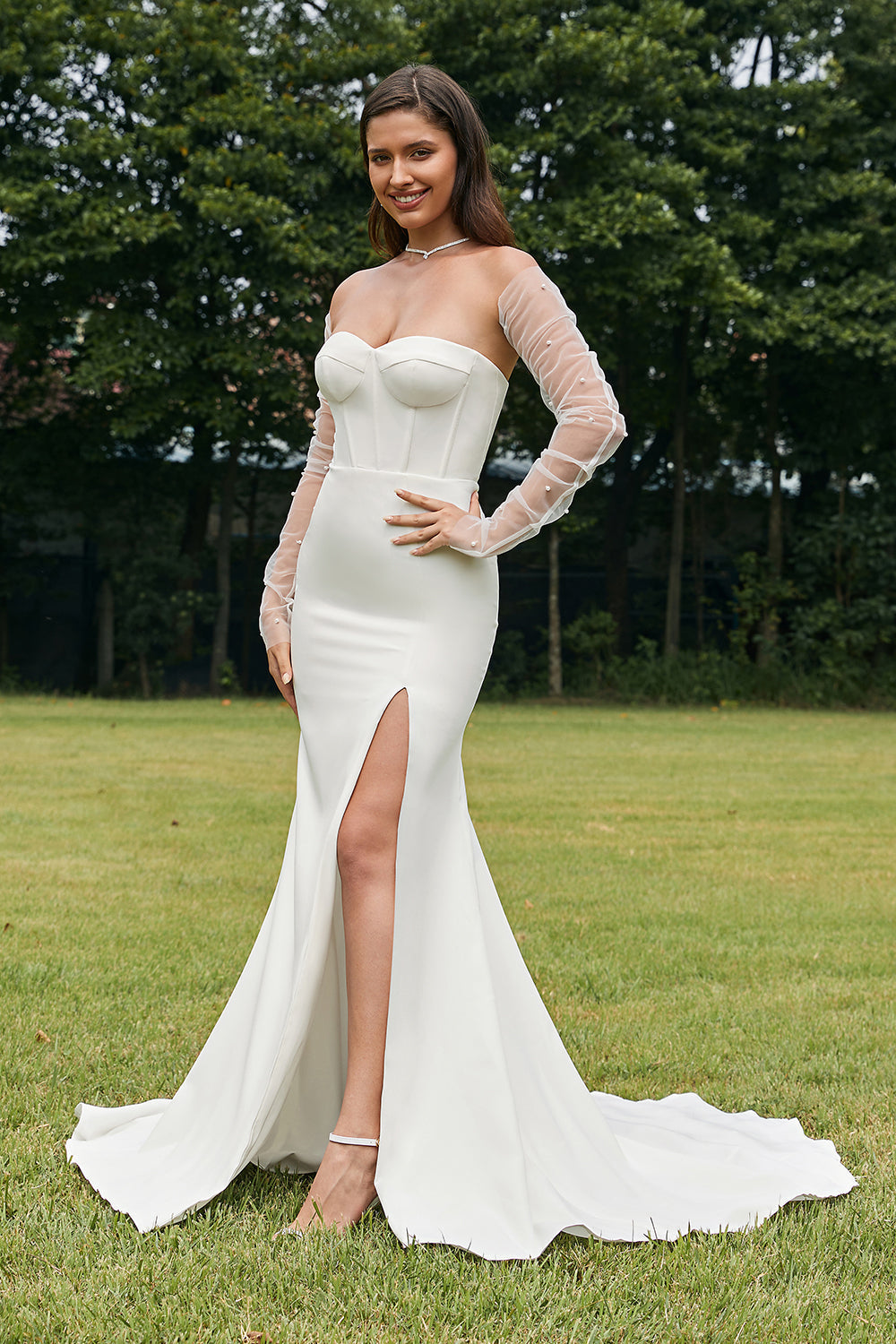 Simple Ivory Detachable Illusion Long Sleeves Mermaid Wedding Dress with Slit