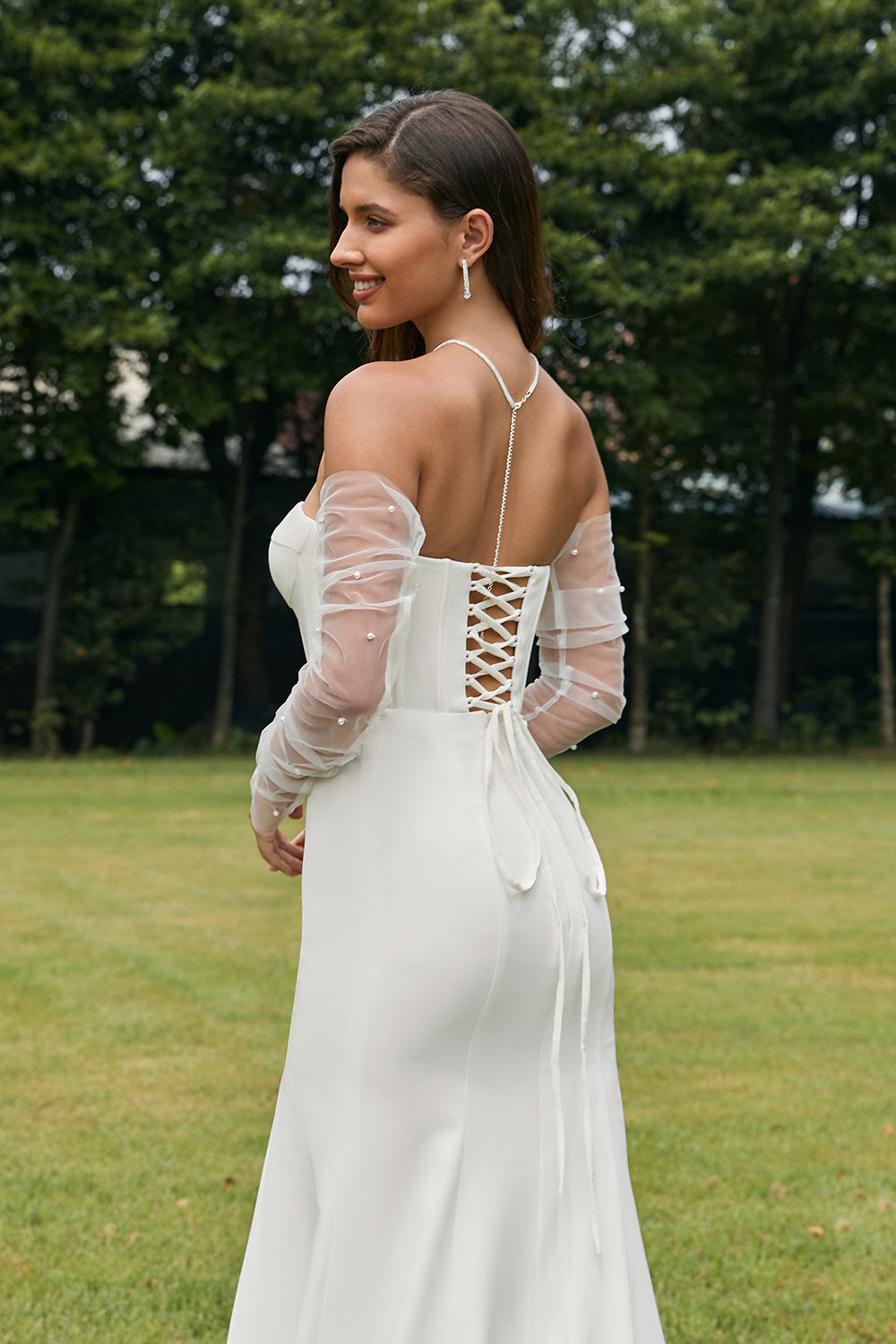 Simple Ivory Detachable Illusion Long Sleeves Mermaid Wedding Dress with Slit