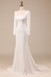 Ivory Mermaid Square Neck Bridal Dress With Long Sleeves