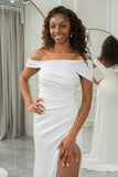 Simple Ivory One Shoulder Draped Wedding Dress with Slit