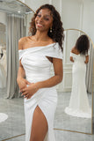 Simple Ivory One Shoulder Draped Wedding Dress with Slit