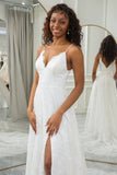 Ivory A-Line Sweep Train Lace Wedding Dress with Slit