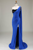Royal Blue Mermaid One Shoulder Satin and Sequin Pleated Ball Dress with Slit