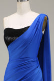 Royal Blue Mermaid One Shoulder Satin and Sequin Pleated Ball Dress with Slit