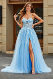 Tulle A-Line Spaghetti Straps Sky Blue Long Corset Ball Dress with Appliques