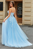 Tulle A-Line Spaghetti Straps Sky Blue Long Corset Ball Dress with Appliques