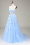 Tulle A-Line Spaghetti Straps Sky Blue Ball Dress with Appliques