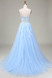 Tulle A-Line Spaghetti Straps Sky Blue Ball Dress with Appliques