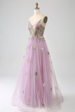 Mauve A-Line Spaghetti Straps Tulle Long Ball Dress With Embroidery