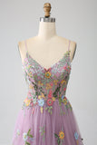 Mauve A-Line Spaghetti Straps Tulle Long Ball Dress With Embroidery